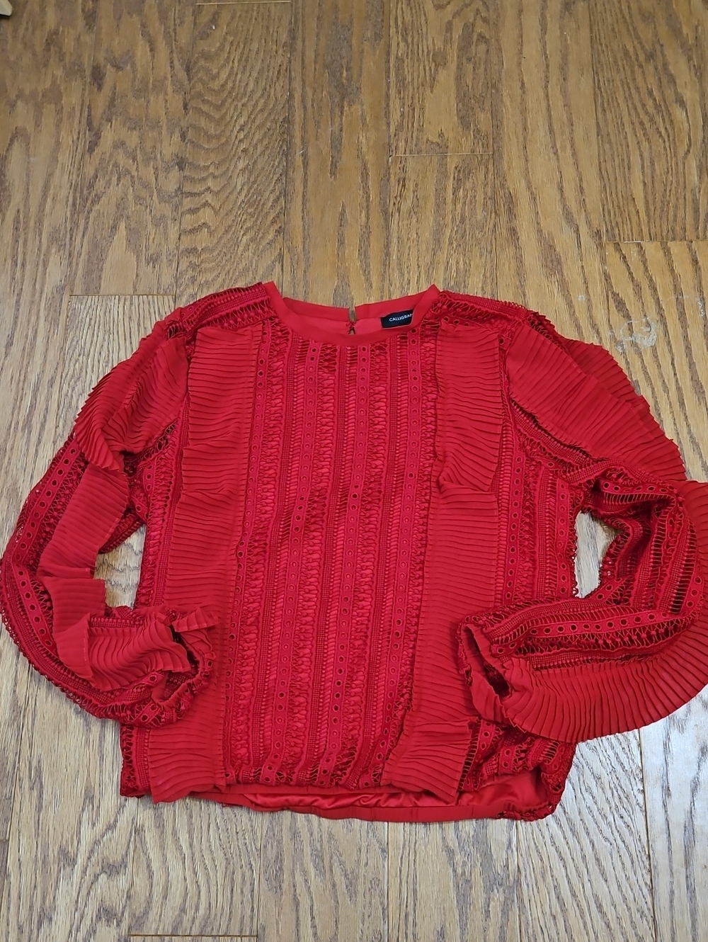 Calligraphie Red Eyelet Lace Long-Sleeve Ruffle Blouse XL